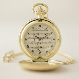 Antique Sheet Music Black Roman Numerals Pocket Watch