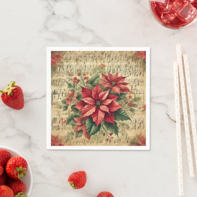 Antique Sheet Music Holiday Poinsettia Découpage Napkins (Insitu)