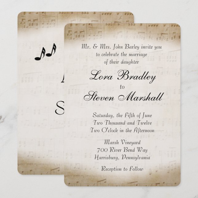 Antique Sheet Music Theme Wedding Invitation (Front/Back)