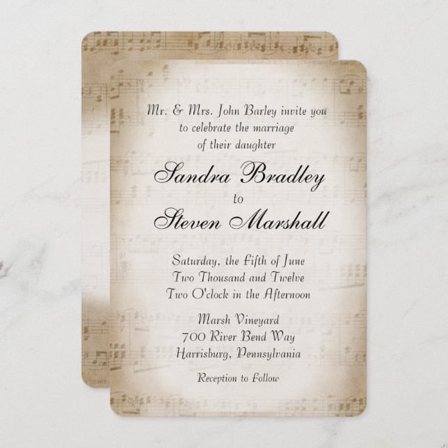 Antique Sheet Music Theme Wedding Invitation (Front/Back)