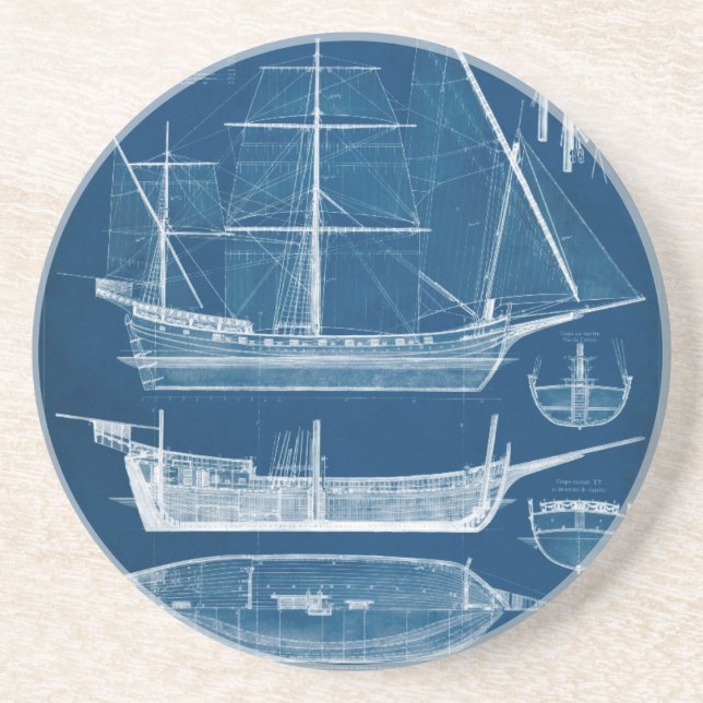 Antique Ship Blueprint I Drink Coaster (Front)