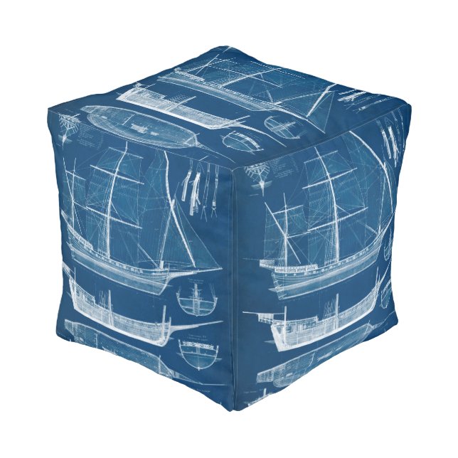Antique Ship Blueprint I Pouf (Angled Front)