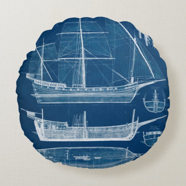 Antique Ship Blueprint I Round Pillow (Front)