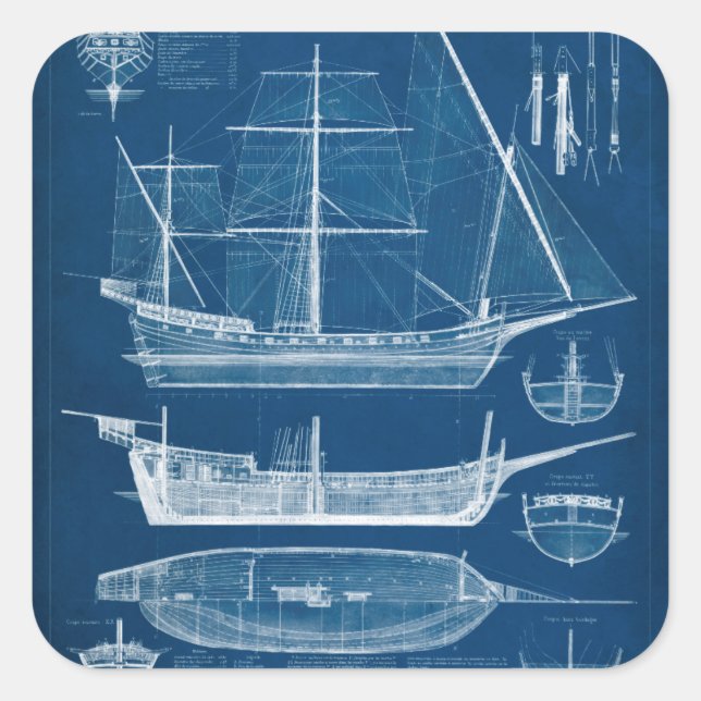 Antique Ship Blueprint I Square Sticker (Front)
