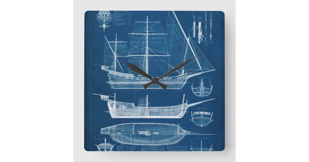 Create Clockwork Ship Design Antique Ship Blueprint I Square Wall Clock | Zazzle