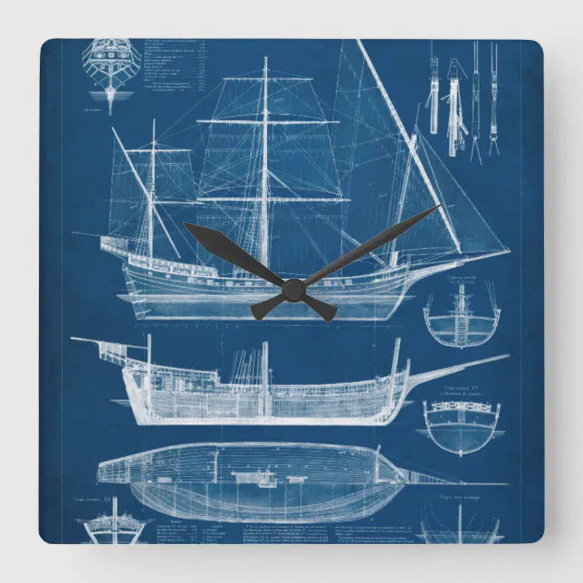 Create Clockwork Ship Design Antique Ship Blueprint I Square Wall Clock | Zazzle
