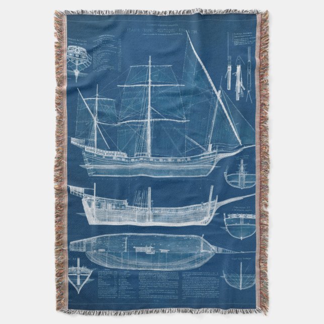 Antique Ship Blueprint I Throw Blanket (Front Vertical)