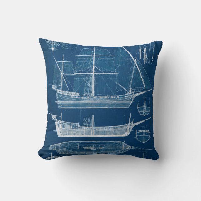 Antique Ship Blueprint I Throw Pillow (Front)