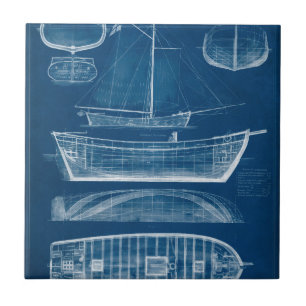 Antique Ship Blueprint II Ceramic Tile