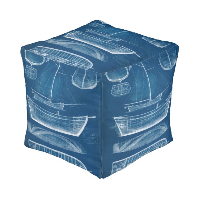 Antique Ship Blueprint II Pouf (Angled Front)