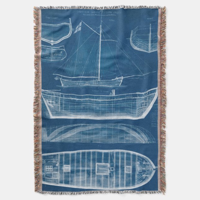 Antique Ship Blueprint II Throw Blanket (Front Vertical)