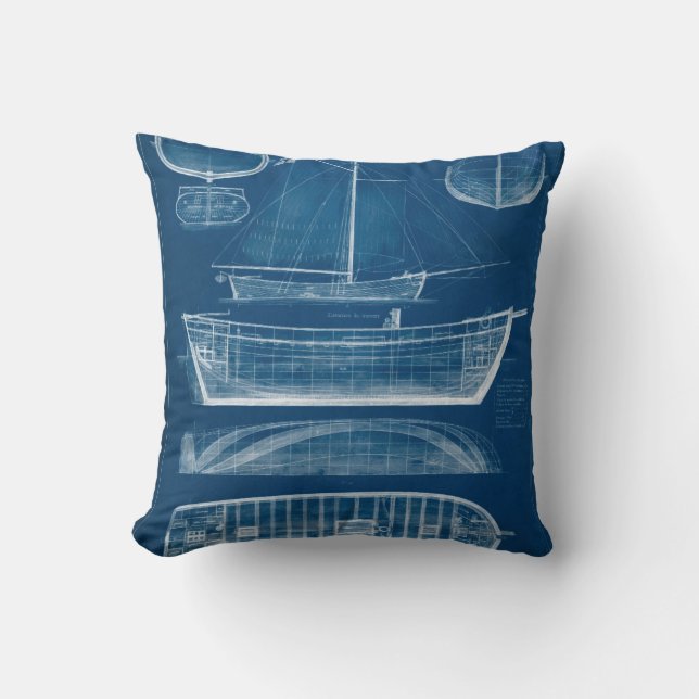 Antique Ship Blueprint II Throw Pillow (Front)