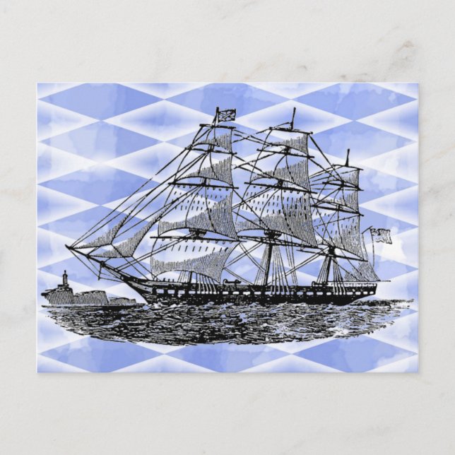 Antique Ship on Blue Postcard (Front)