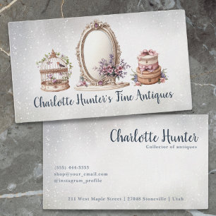 Antique shop, elegant vintage mirror, bird cage business card