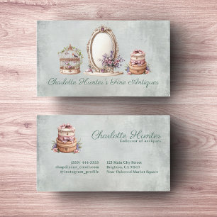 Antique shop, elegant vintage mirror, bird cage business card