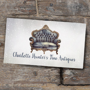 Antique shop, vintage old sofa, gold and blue business card