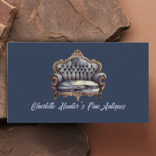 Antique shop, vintage old sofa, gold and blue business card