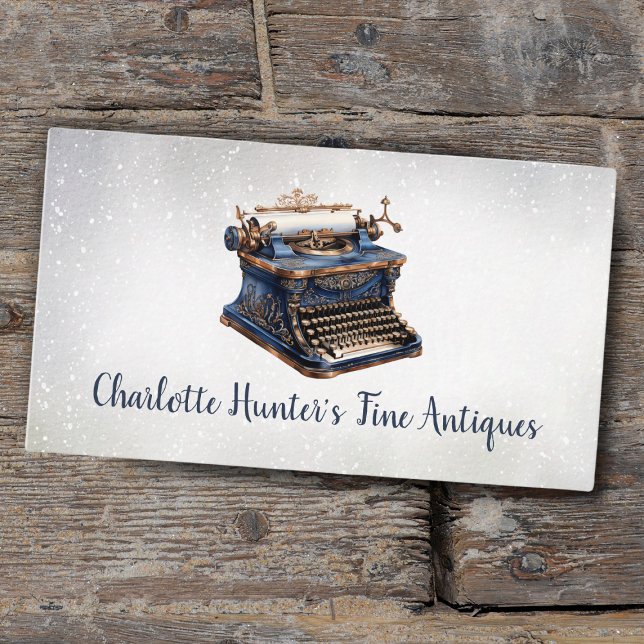 Antique shop, vintage old typewrite, gold and blue business card (Creator Uploaded)