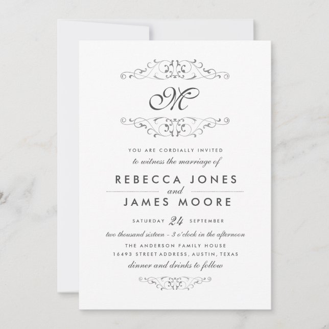 Antique Silver Flourish Monogram Wedding Invite (Front)