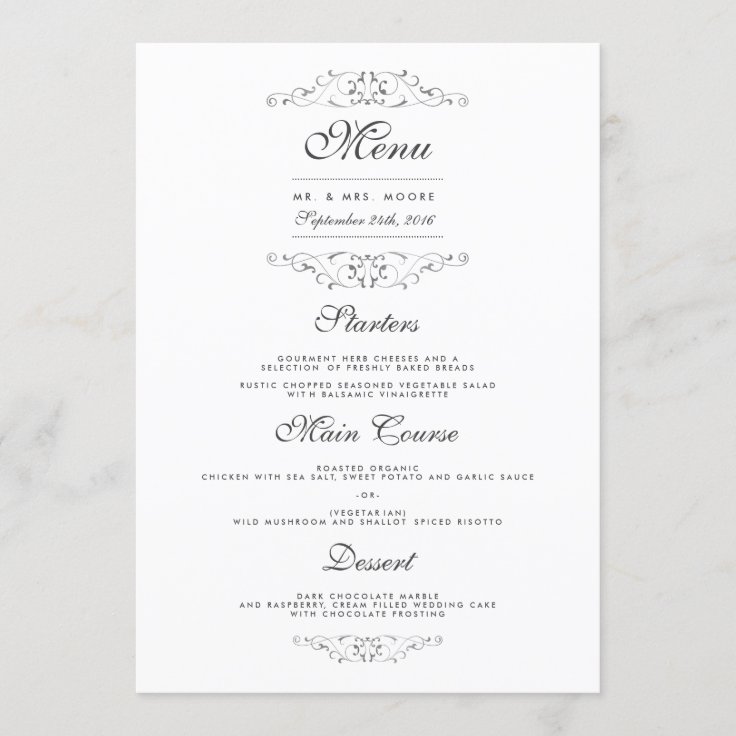 Antique Silver Flourish Wedding Dinner Menu | Zazzle