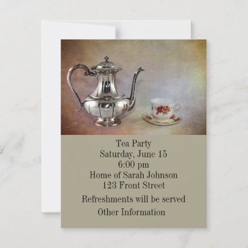 Antique Silver Tea Pot and Bone China Cup Invitation