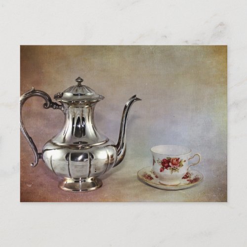 Antique Silver Tea Pot and Bone China Cup Postcard