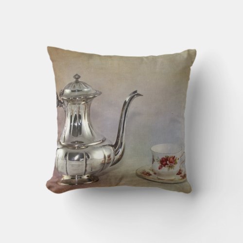 Antique Silver Tea Pot and Bone China Cup Throw Pillow