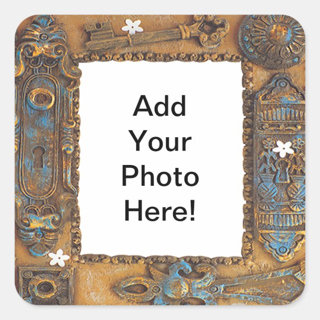 Antique Skeleton Key Frame Add Your Own Photo Square Sticker (Front)