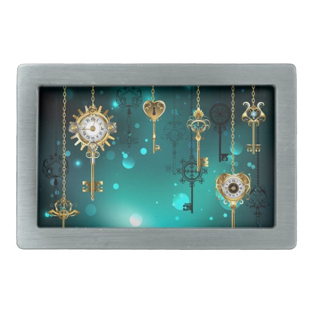 Antique Skeleton Keys on Green Background Belt Buckle (Front)