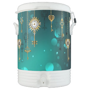 Antique Skeleton Keys on Green Background Beverage Cooler