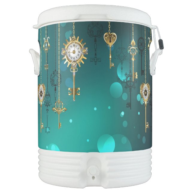 Antique Skeleton Keys on Green Background Beverage Cooler (Front)