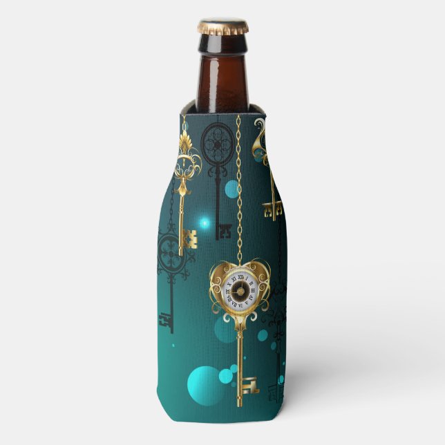 Antique Skeleton Keys on Green Background Bottle Cooler (Bottle Front)