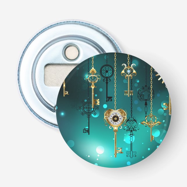 Antique Skeleton Keys on Green Background Bottle Opener (Front)