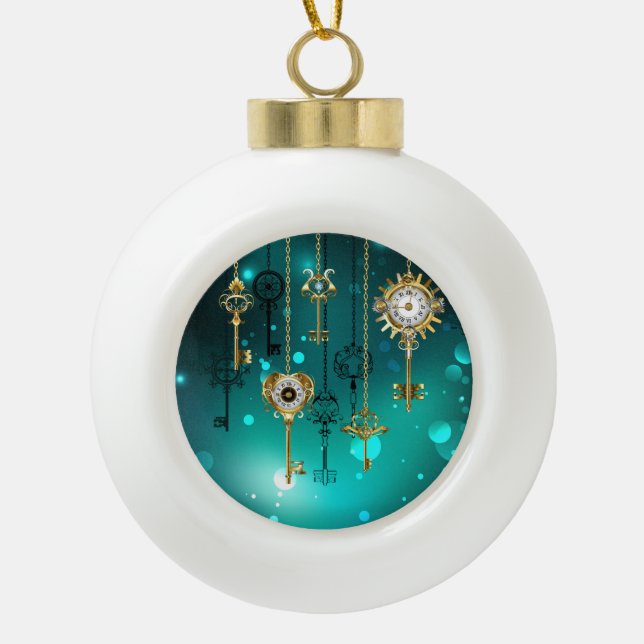 Antique Skeleton Keys on Green Background Ceramic Ball Christmas Ornament (Front)