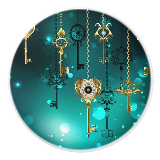 Antique Skeleton Keys on Green Background Ceramic Knob (Front)