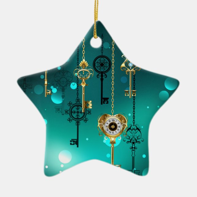 Antique Skeleton Keys on Green Background Ceramic Ornament (Front)