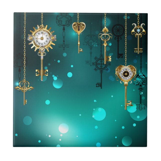 Antique Skeleton Keys on Green Background Ceramic Tile (Front)