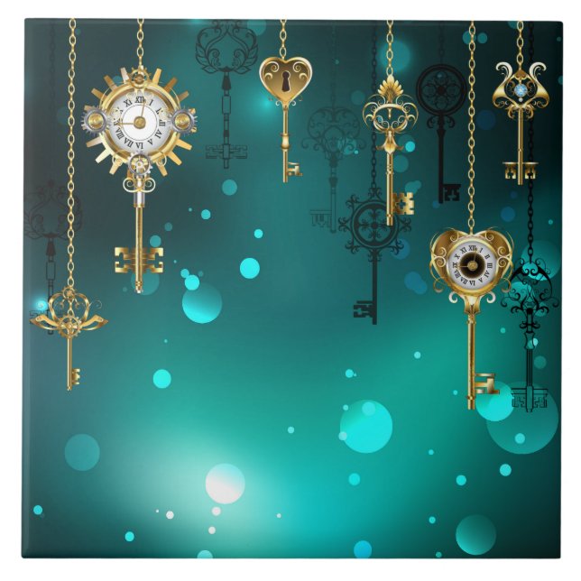 Antique Skeleton Keys on Green Background Ceramic Tile (Front)