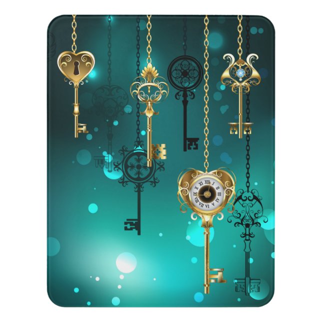 Antique Skeleton Keys on Green Background Door Sign (Contemporary Vert)
