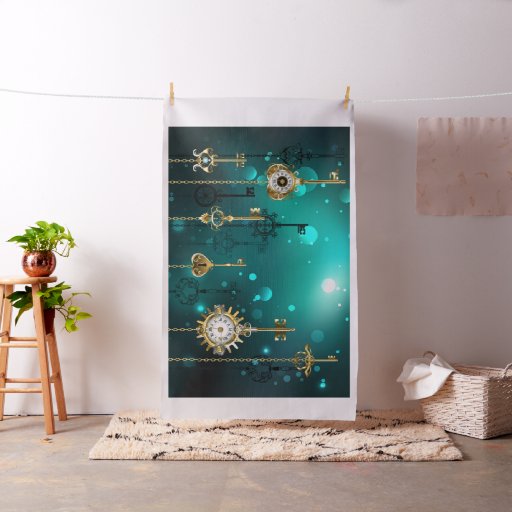 Antique Skeleton Keys on Green Background Fabric