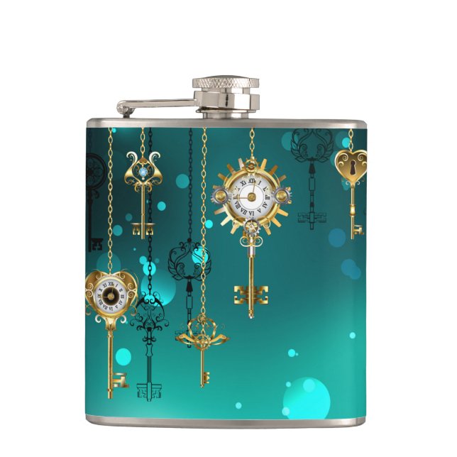 Antique Skeleton Keys on Green Background Flask (Front)