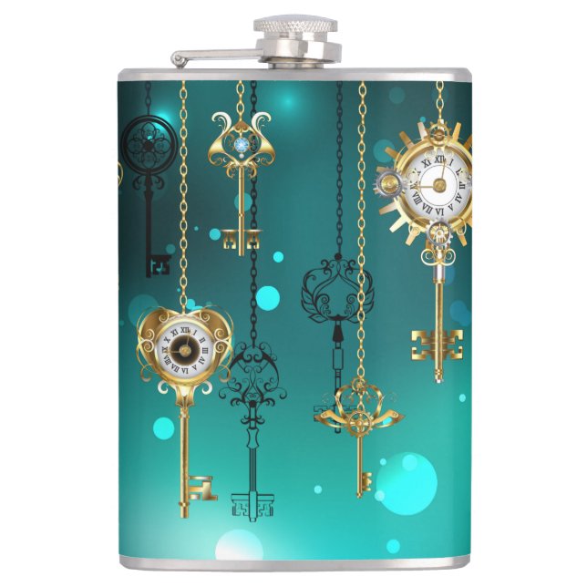Antique Skeleton Keys on Green Background Flask (Front)