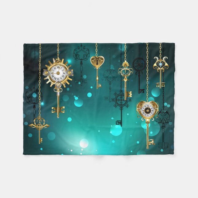 Antique Skeleton Keys on Green Background Fleece Blanket (Front (Horizontal))