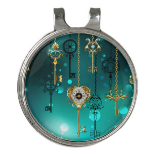 Antique Skeleton Keys on Green Background Golf Hat Clip