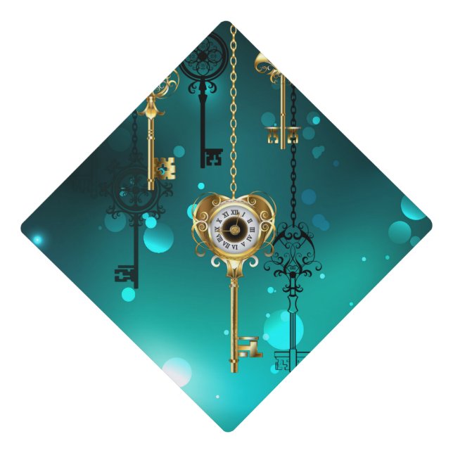 Antique Skeleton Keys on Green Background Graduation Cap Topper (Front)