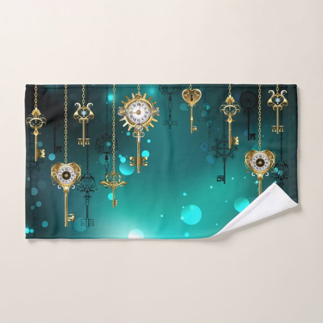 Antique Skeleton Keys on Green Background Hand Towel (Hand Towel)