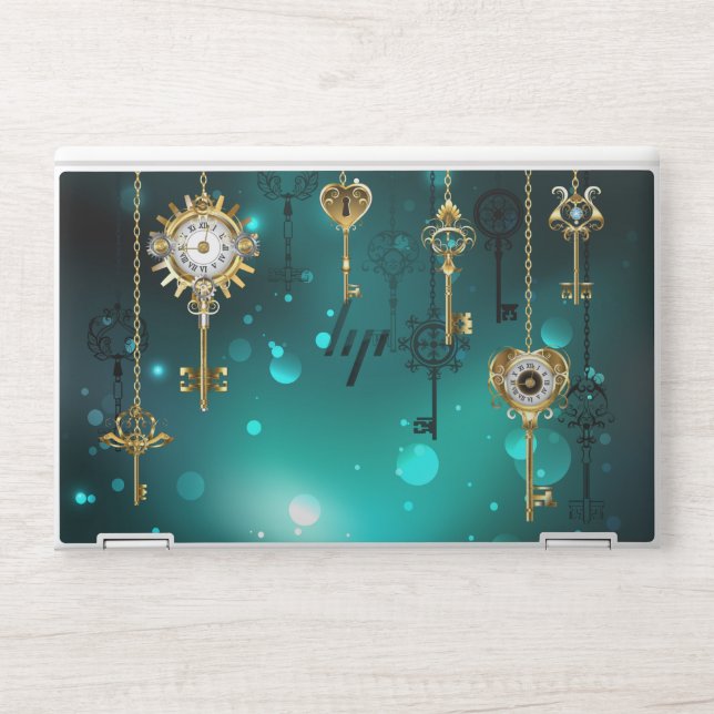 Antique Skeleton Keys on Green Background HP Laptop Skin (Front)