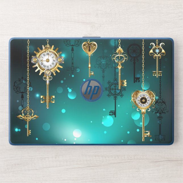 Antique Skeleton Keys on Green Background HP Laptop Skin (Front)