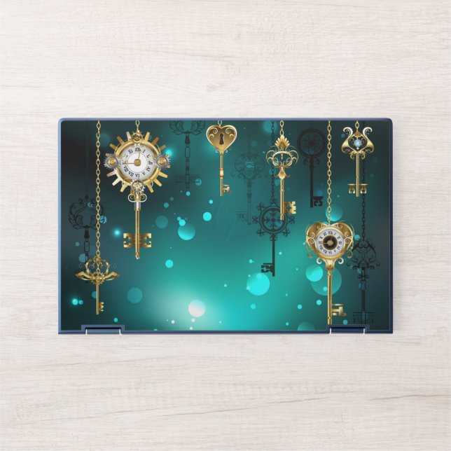 Antique Skeleton Keys on Green Background HP Laptop Skin (Front)