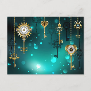 Antique Skeleton Keys on Green Background Invitation Postcard